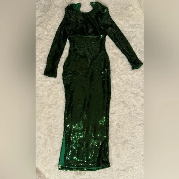 NEW HOUSE OF CB Belle Pine Green Sequin Open Back Long Sleeve Dress sz XS - Image 3