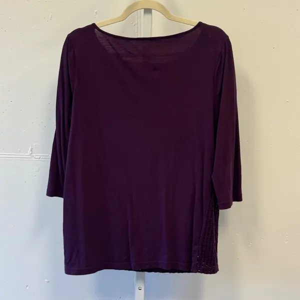 Ann Taylor LOFT Plum Purple Sequin Front 3/4 Sleeve Cotton Top Large Large - Image 2