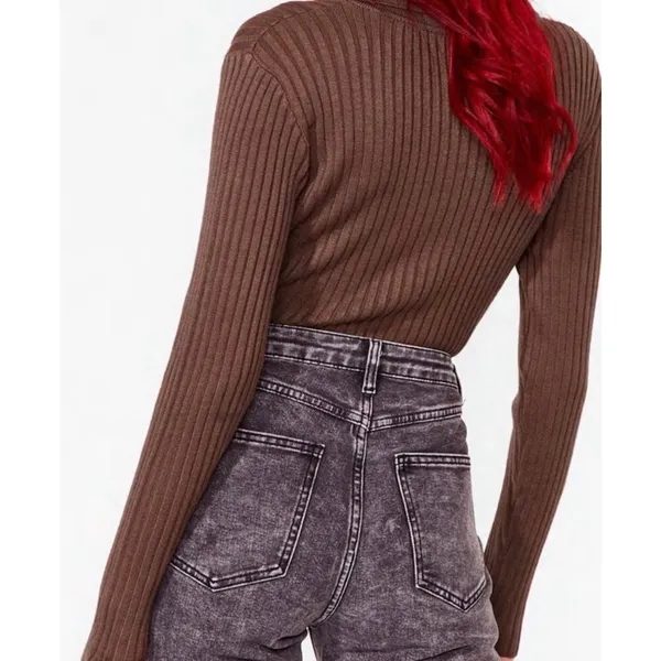 Nasty Gal Brown Ribbed Long Sleeved Bodysuit Women’s US Size 4 - Image 3