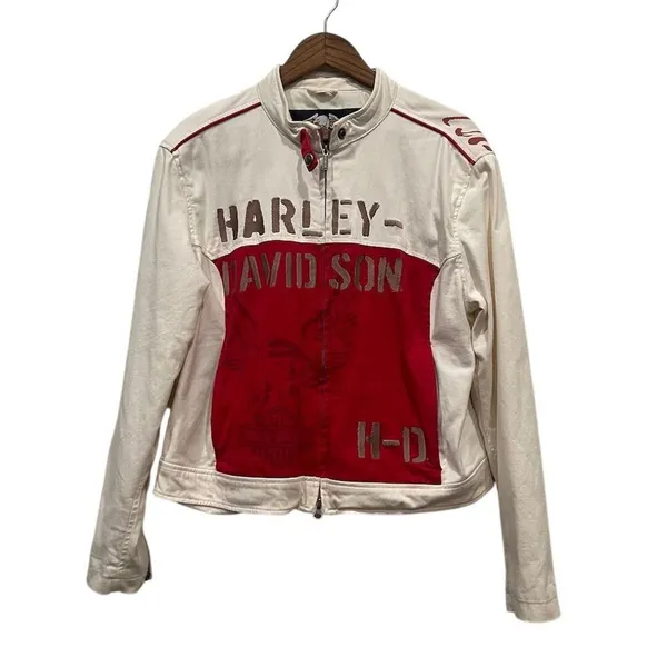 Harley-Davidson Vintage Y2K Women's White Motorcycle Jacket XL Eagle Graphic - Image 6