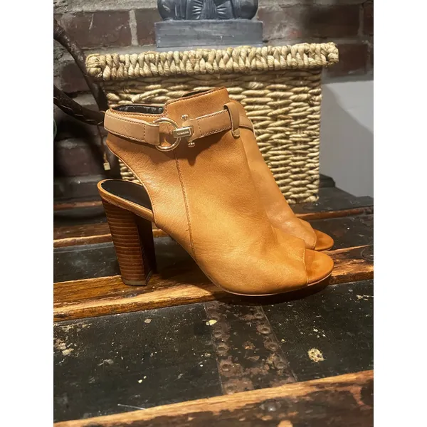 Coach Tan Leather Peep Toe Slingback Block Heel Booties 7 - Image 2