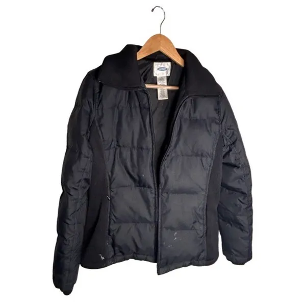 Old Navy Puffer Coat Size Medium Black Side Panels Vintage Down Feather FLAWED - Image 4