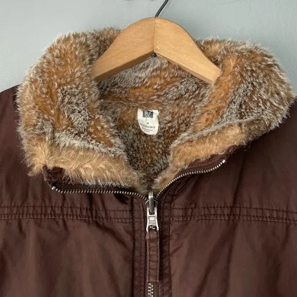 Y2K Gap Reversible Vest Chocolate Brown Faux Fur Womens Size Medium Gilet Boho - Image 5
