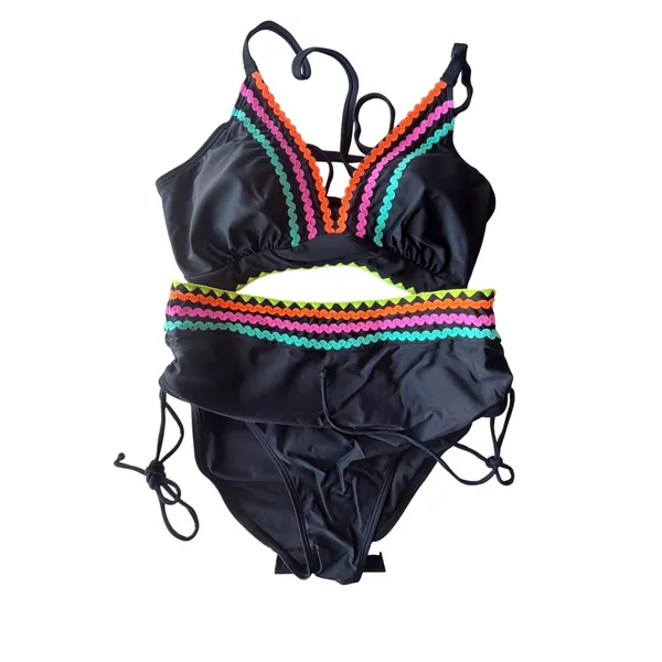 NWT Popvil Black/Neon Scallop Trim High Waisted Tie Side Bikini Set Large - Image 5