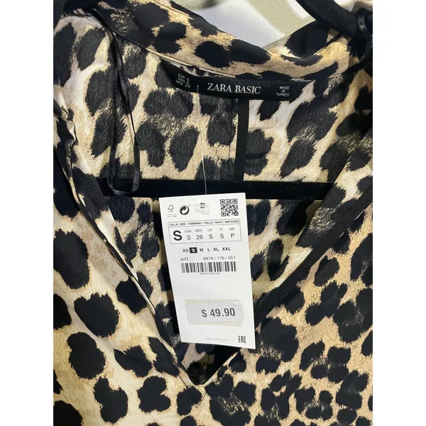 Zara Leopard Print Tunic Women Small‎ Tan Black V-Neck 3/4 Sleeve Animal Blouse - Image 3