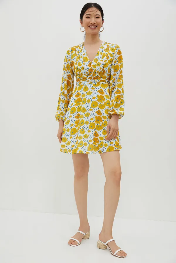 Vera for Anthropologie Sz XS Buttercup Mini Dress Floral Yellow Blue Buttons - Image 16
