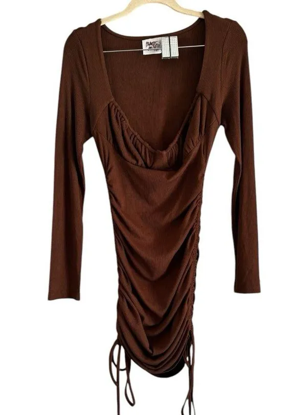 Princess Polly Brown Neive Long Sleeve Ribbed Ruched Mini Dress Size 6 - Image 4