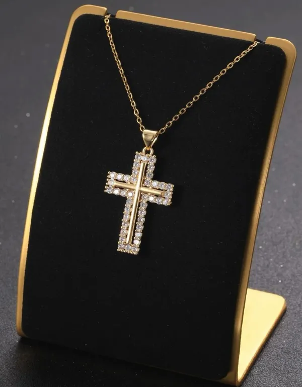 Stainless Steel Rhinestone Cross Pendant Necklace - Image 2