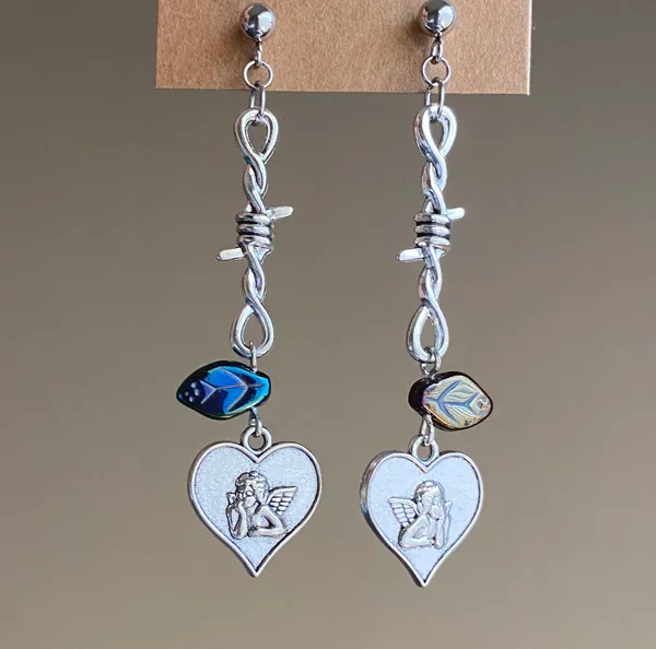 Handmade Kawaii y2k Goth vintage antique romance style angel/cherub & Czech glass beads unique earrings🌙👼✨ - Image 4