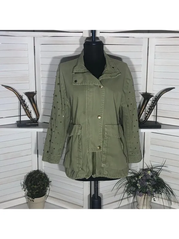 Zara green jacket cargo parka edgy studs relaxed snap boho rocker grunge punk 12 - Image 4