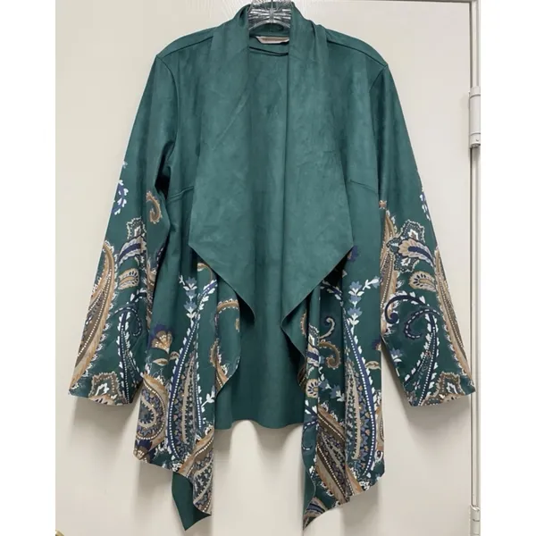 SOFT SURROUNDINGS Chouteau‎ Jacket - Green Faux Suede, Open, Artsy Design, L - Image 4