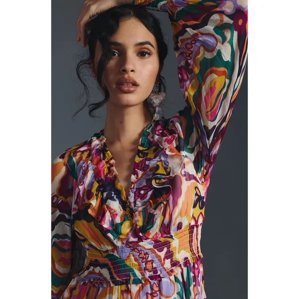 Anthropologie Odetta Ruffled V Neck Dress in Patterned Multi Print Medium - Image 3