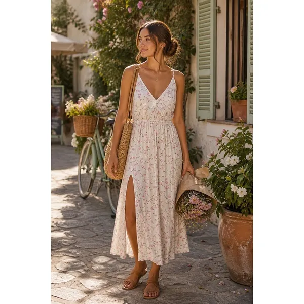 Reformation Floral Midi Dress Side Slit Criss Cross Back Size M (runs small) - Image 13