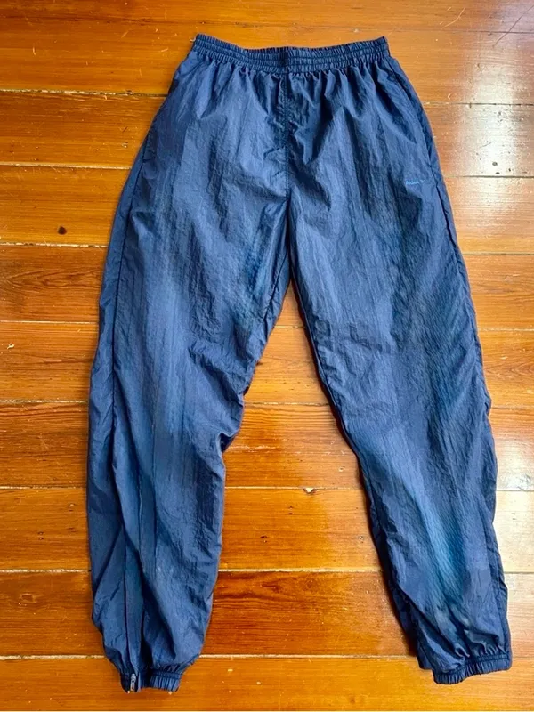 Vintage 90s Reebok Navy Nylon Track Pants Lined Zip Ankle Sz L 💚🎀 - Image 3