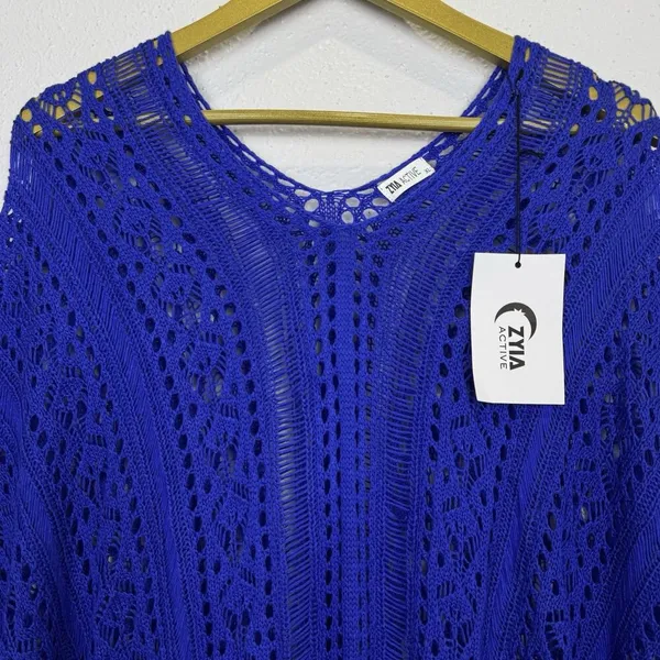 ZYIA Active Crochet Open Knit Knitted Cover Up Poncho Size XL Blue Beach Boho - Image 6