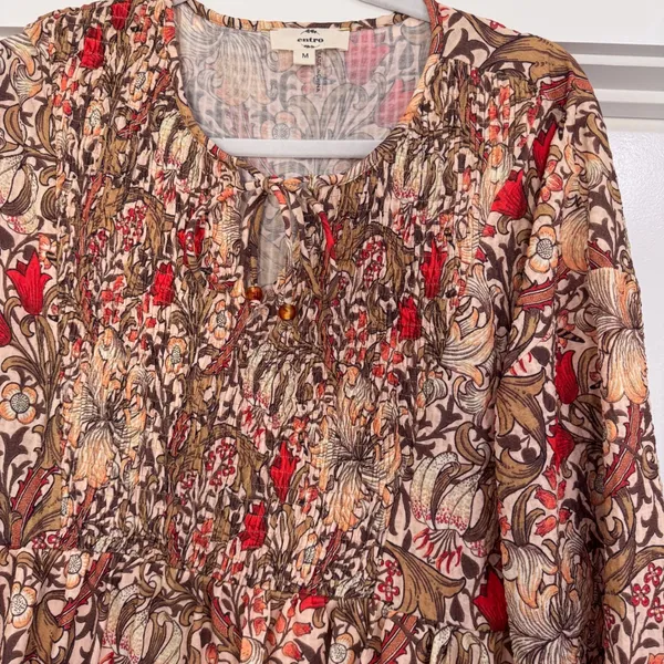 Entro Floral Smocked Mini Dress Long Sleeve Boho Tan Red Brown D21560 Womens M‎ - Image 3