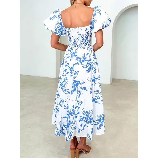 Commense Girly Cottage Fairy Puff Sleeve Twist Detail Midi Dress Blue M - Image 5