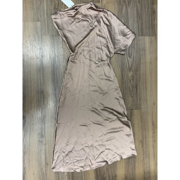 Zara Brown Satin Dress Flow Asymmetrical One Shoulder Formal Wedding Runway - Image 6