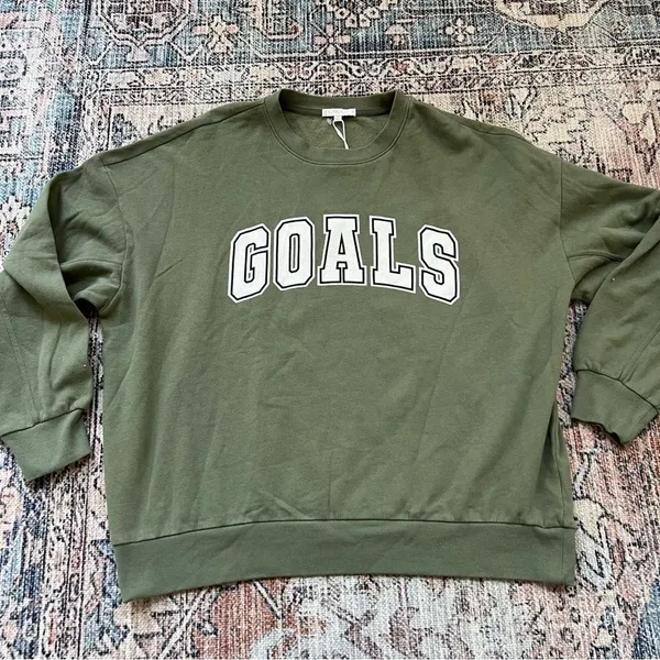 Z Supply NWT Olive Green 'GOALS' Oversized Crewneck Sweatshirt Size Medium - Image 9