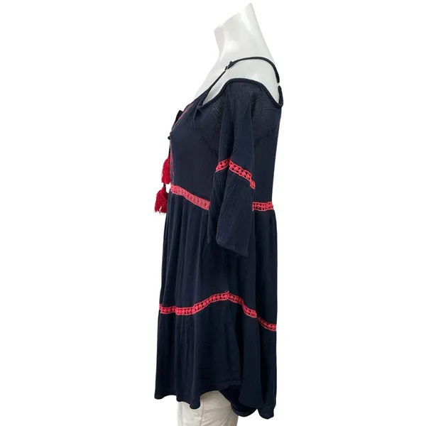 Entro Navy Blue Red Tassel Cold Shoulder Lace Boho A Line Mini Dress Size M - Image 2