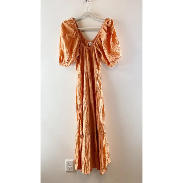 Billabong Endless Shore Puff Short Sleeve Tiered Maxi Dress Orange Peach Small - Image 2