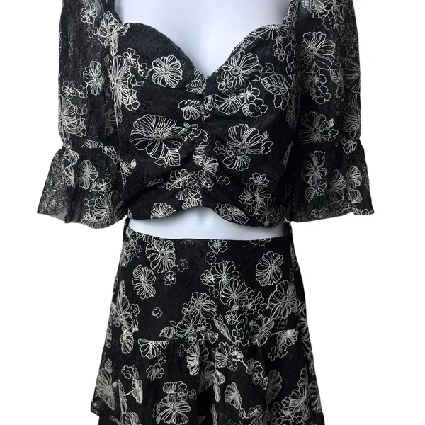Bossa Concept Black and White Floral Lace Crop Top Maxi Skirt Set Feminine‎ L - Image 4