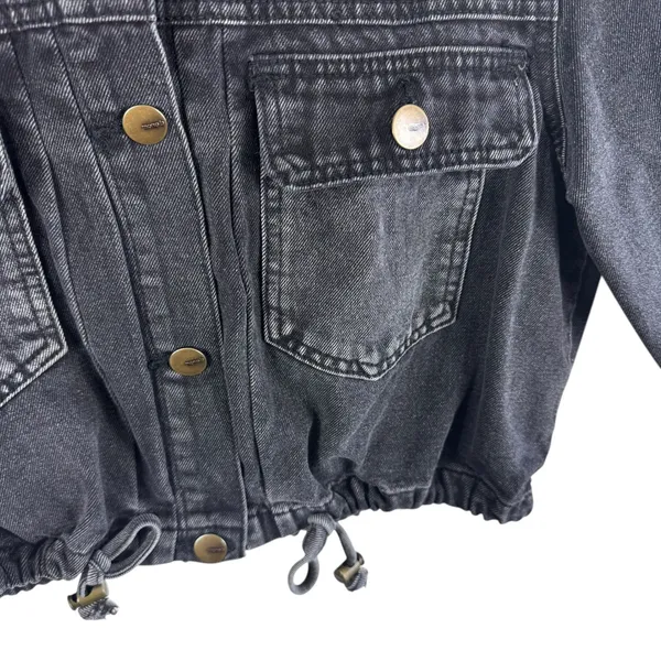 Mono B Cropped‎ Denim Jacket Black Washed Button Front Edgy Biker Streetwear S - Image 3