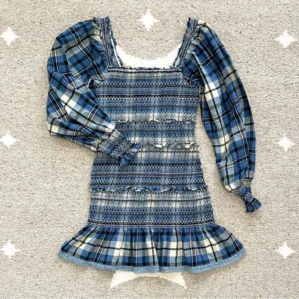 LoveShackFancy Stanley Blue Plaid Smocked Mini Dress Medium - Image 6