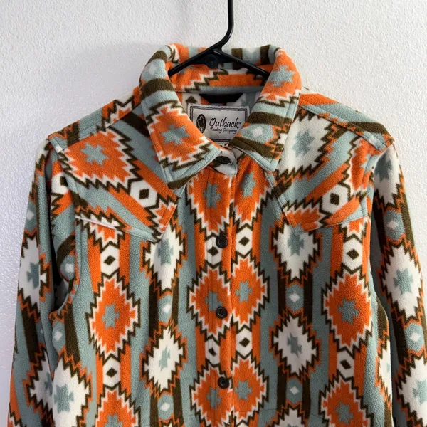 Outback Trading Tabitha Big Shirt Womens Medium Orange Button Up Fleece Aztec - Image 2