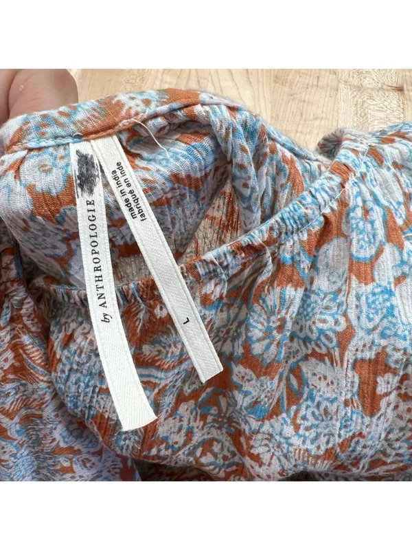 By Anthropologie Boho Peasant Floral Shirred Blouse Brown Blue Size Large - Image 8