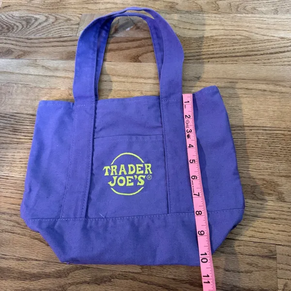 Trader Joes Mini Canvas Tote Bag Purple Yellow‎ Logo Limited Edition Grocery Bag - Image 2