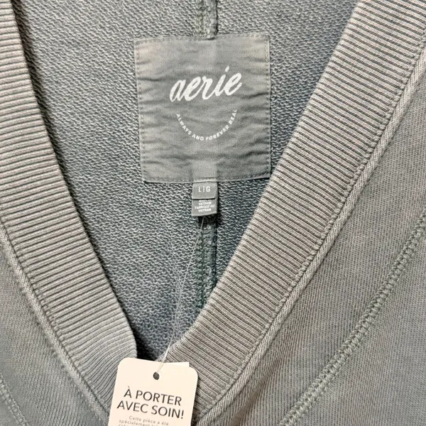 Aerie Women Oversized V-Neck Sweatshirt Olive Green Cotton Blend L - Image 6