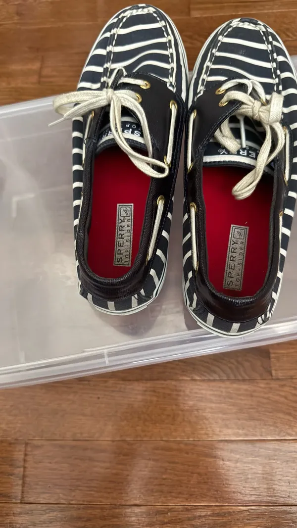 Sperry Black & White Striped Canvas Boat Shoes with Red Insole - Image 19