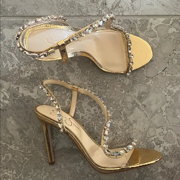 Jessica Simpson Jaycin Metallic Embossed Jewel Embellished Dress Sandals, Size 9 - Image 6