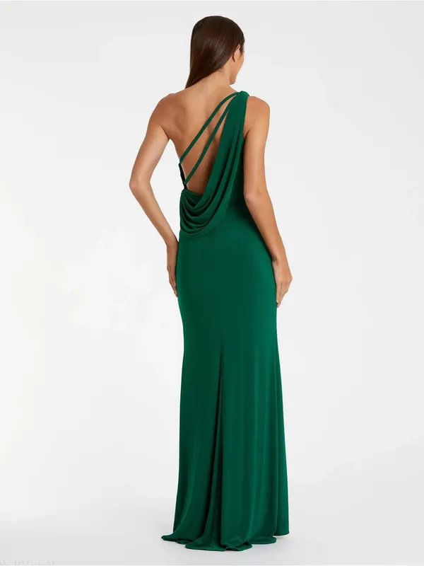Ieena for Mac Duggal Jersey One Shoulder Draped Back Gown Dress Emerald Green 6 - Image 3