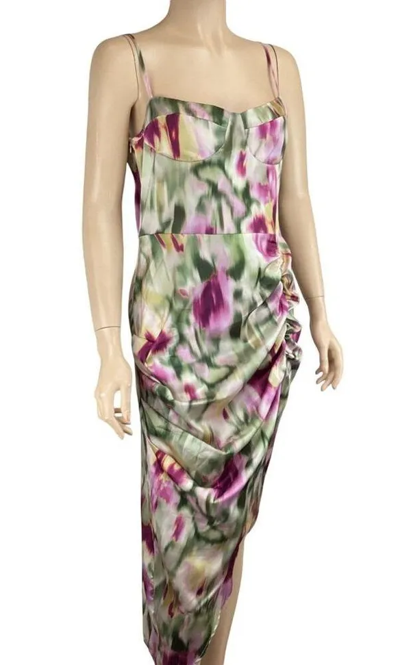 Cider Dress Size Medium Illusion Ruched‎ Midi Satin Floral - Image 4
