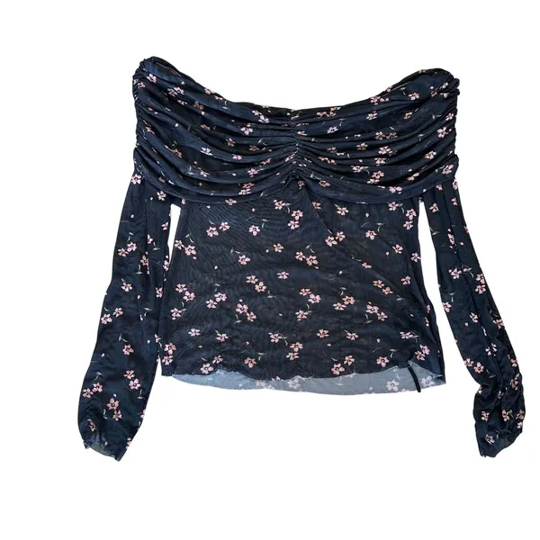 AFRM Black Floral Off the Shoulder Mesh Top MEDIUM Ruched Sheer Bodycon Pink $68 - Image 7