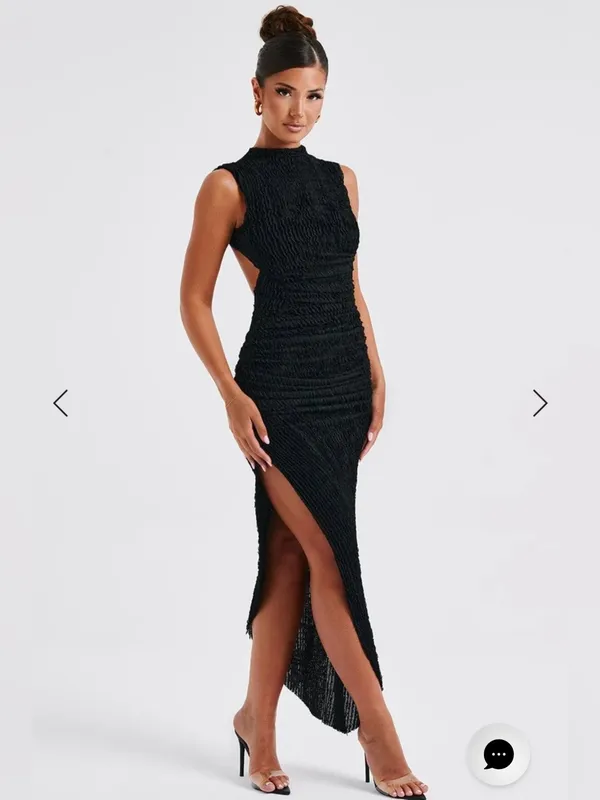Babyboo NWT Women Large Black Crinkle Textured Open Back Thigh Split Midi Dress - Image 3