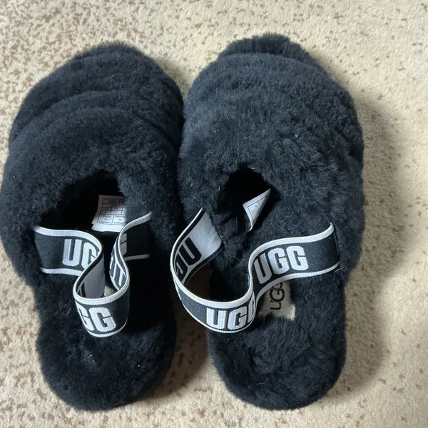 UGG Fluff Yeah Slingback Slide Sandal Womens 7 Black Sheepskin Slipper 1095119 - Image 3