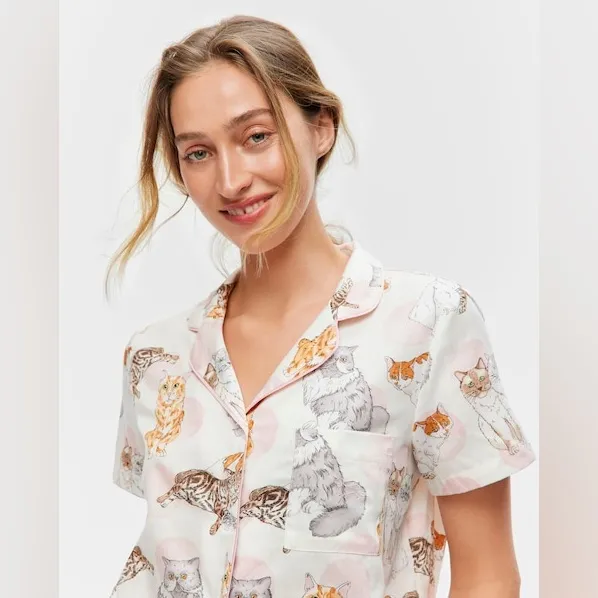 Peter Alexander White and Pink Cat Print cotton Pajamas XS - Image 3