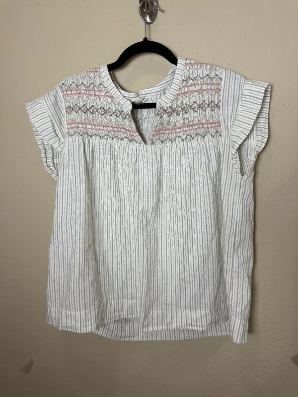 LUCKY Brand Embroidered Short Sleeve Smocked Embroidered Blouse Top Size Small - Image 3
