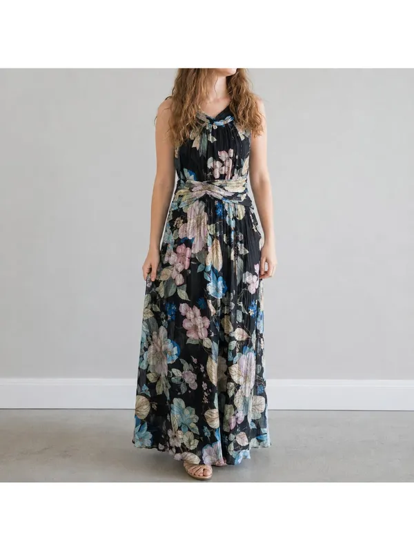 Adrianna Papell Black Floral Halter Maxi Dress Women 8 M - Image 2
