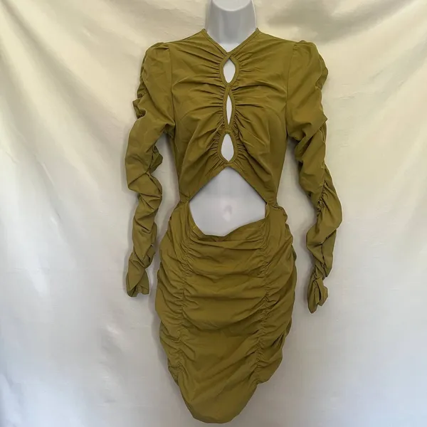 PrettyLittleThing Y2K CutOut Bodycon Dress Sz 4 Club Ruched Party Olive Indie - Image 16