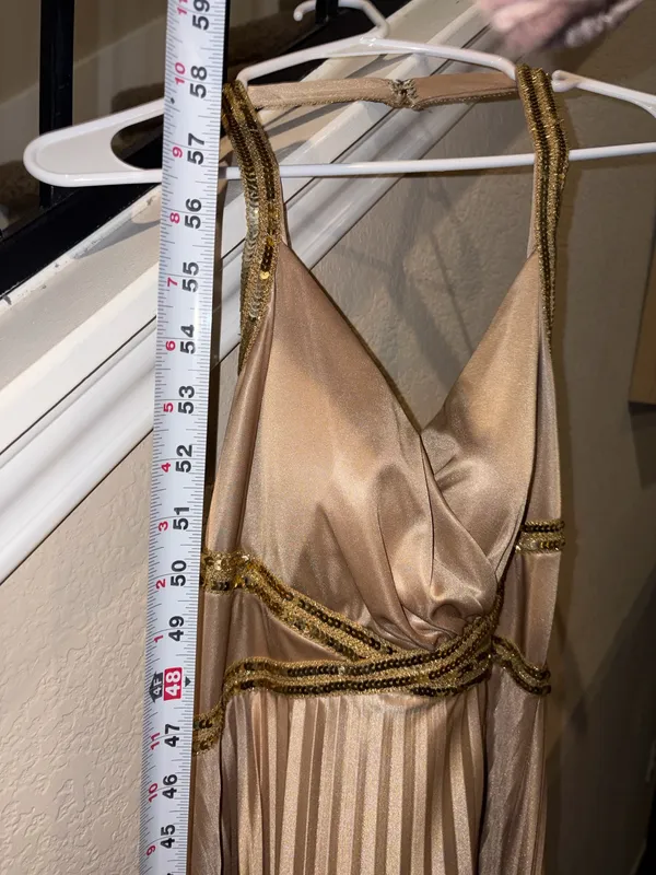 Cream Gold Masquerade Sequin Pleated Halter Strap Dress - Image 4