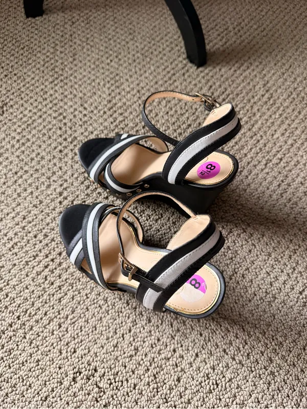 Jessica Simpson Tellira Black and White Leather Platform Strap Wedge Sandals - Image 5