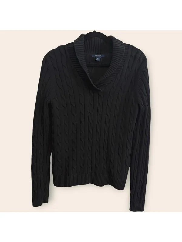 Chaps Women’s Large Black Cable Knit Shawl Collar Sweater Preppy - Image 4