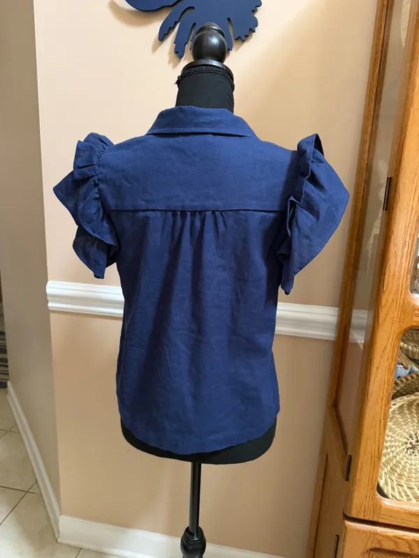 &Merci Navy Cutout Button-Front Ruffle Sleeve Shirt - Image 4