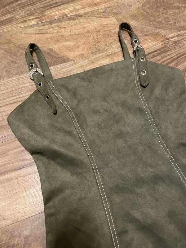 AUW Olive Green Faux Suede Mini Overall Dress with Silver Buckles Size Small - Image 4
