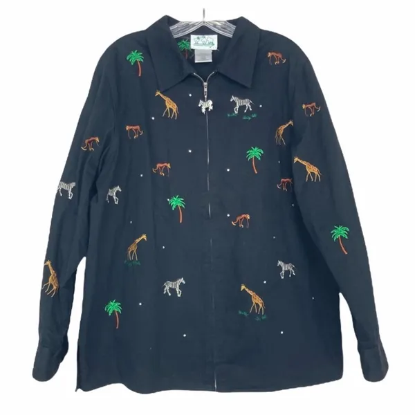 Quacker Factory Zebra Giraffe Monkey Embroidered Full Zip Sz L - Image 5