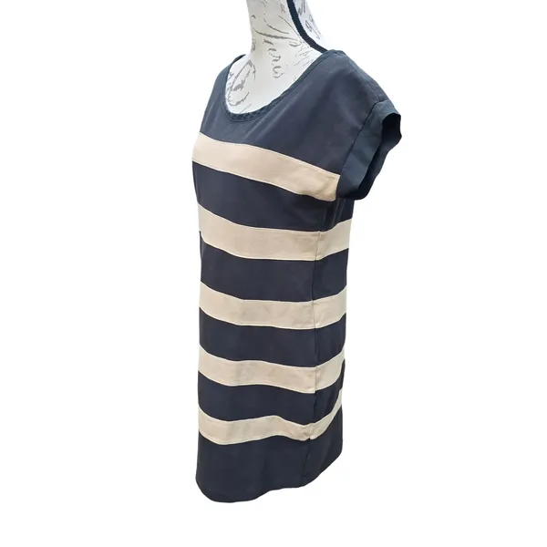 J. Crew Striped Cotton Pique T-Shirt Dress Gray Tan‎ Button Back Cap Sleeve M - Image 3